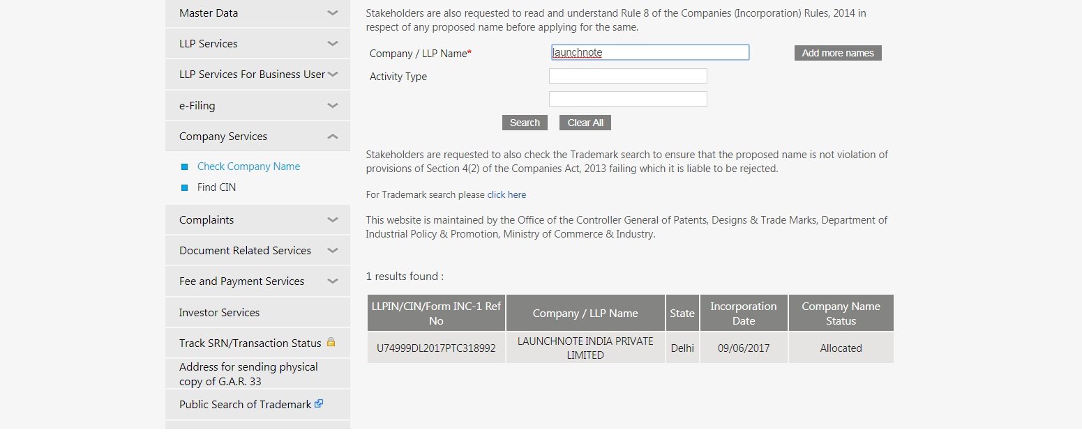 Check Company Name on MCA - Step 3